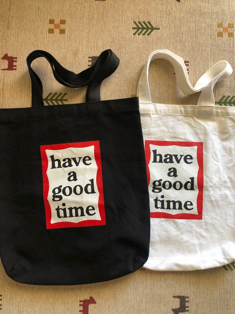 Have A Good Time Tote bags (Category: Tote Bags) located in Malaybalay. Submitted by haulsome (Listing ID 1357971744, Image 2). Description: Have a good time (white) “12.5 inch wide “14 inch long -A laptop can fit -No flaws/ Like new Have a good time (black) “13 inch wide “16 inch long -A laptop can fit -No flaws/like new.