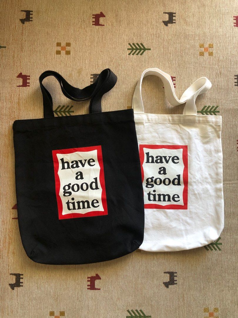 Have A Good Time Tote bags (Category: Tote Bags) located in Malaybalay. Submitted by haulsome (Listing ID 1357971744, Image 1). Description: Have a good time (white) “12.5 inch wide “14 inch long -A laptop can fit -No flaws/ Like new Have a good time (black) “13 inch wide “16 inch long -A laptop can fit -No flaws/like new.