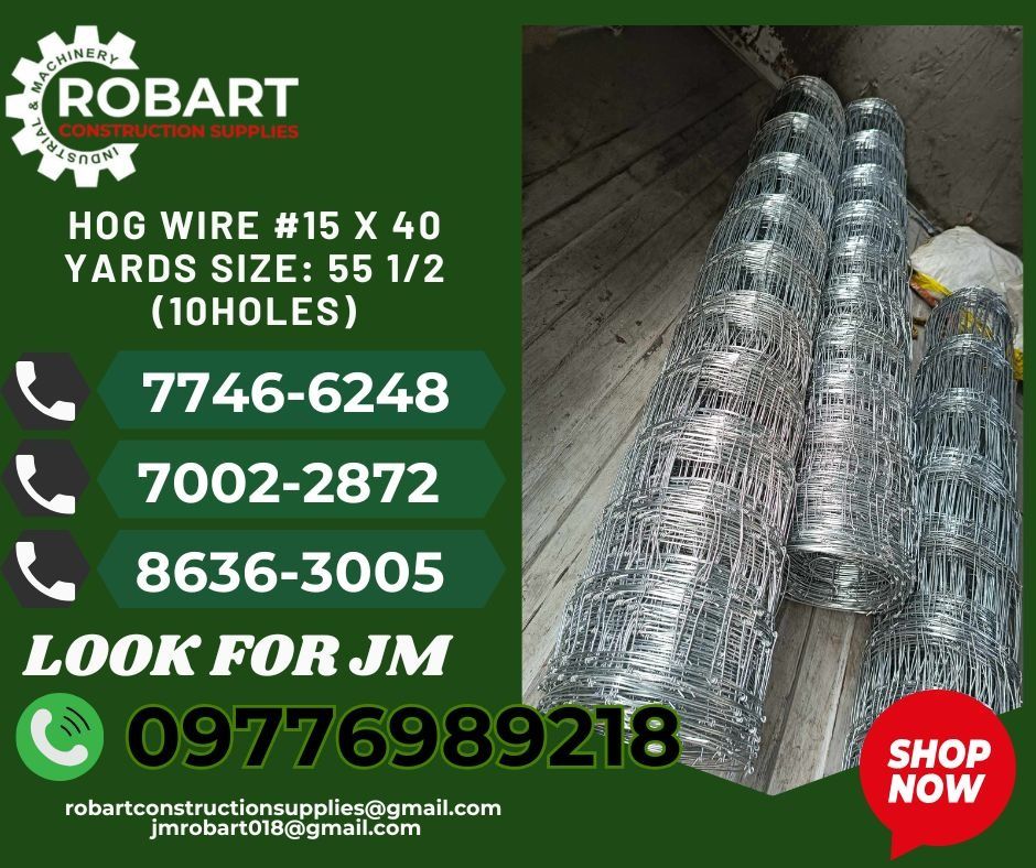 Hog Wire (Category: Construction Tools & Equipment) located in Caloocan City. Submitted by gmrobart65562 (Listing ID 1357977067, Image 1). Description: Hog Wire #15 x 40 yards Size: 55 1/2 (10holes) 𝑹𝑶𝑩𝑨𝑹𝑻 𝑪𝑶𝑵𝑺𝑻𝑹𝑼𝑪𝑻𝑰𝑶𝑵 𝑺𝑼𝑷𝑷𝑳𝑰𝑬𝑺 𝒪𝒻𝒻𝒾𝒸𝑒 𝒜𝒹𝒹𝓇𝑒𝓈𝓈: 𝟣𝟦𝟢𝟧 𝒴𝓊𝓈𝑒𝒸𝑜 𝒮𝓉. 𝒮𝓉𝒶 𝒞𝓇𝓊𝓏 𝑀𝒶𝓃𝒾𝓁𝒶 ꜱᴇɴᴅ ᴜꜱ ᴍᴇꜱꜱᴀɢᴇ ꜰᴏʀ ɪɴQᴜɪʀɪᴇꜱ ‼️ ‼️ ꜱᴍʀᴛ - (0947-452-5583) ᴠɪʙʀ - (0977-698-9128) ʟᴀɴᴅʟɪɴᴇ: (8636-8005 ʟᴏᴏᴋ ꜰᴏ