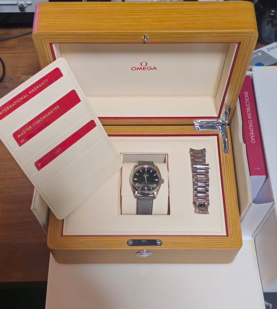 [Update - Still Available] Omega Seamaster Aqua Terra 150mm 38Dia (Category: Watches) located in Singapore. Submitted by snippingclouds (Listing ID 1358069314, Image 2). Description: Brand: Omega Watch Name: Seamaster Aqua Terra 150M Master Chronometer Small Seconds 38 Stainless Steel / Green / Bracelet MSRP: $9,950 Year of Purchase: 2022 Come with original box, authencity and warranty cards. Come with original bracelet PLUS complimentary Delugs 