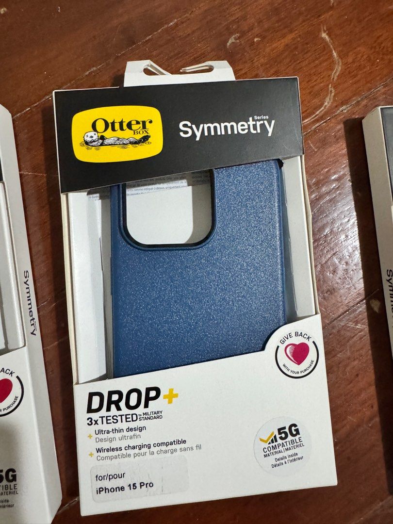 Otter symmetry for iPhone 15 pro (Category: Cases & Sleeves) located in Makati City. Submitted by qualityseconds (Listing ID 1358108006, Image 2). Description: Original. Blue and yellow brand new. White used for a week only..
