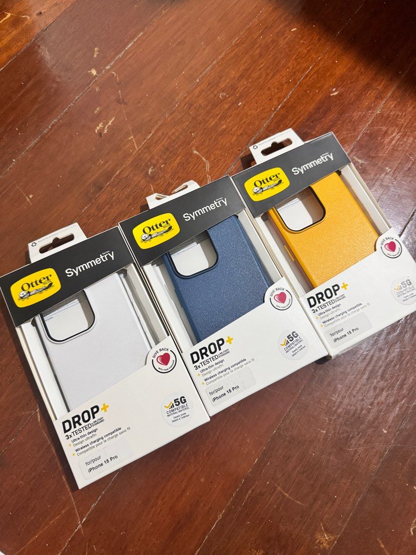 Otter symmetry for iPhone 15 pro (Category: Cases & Sleeves) located in Makati City. Submitted by qualityseconds (Listing ID 1358108006, Image 1). Description: Original. Blue and yellow brand new. White used for a week only..