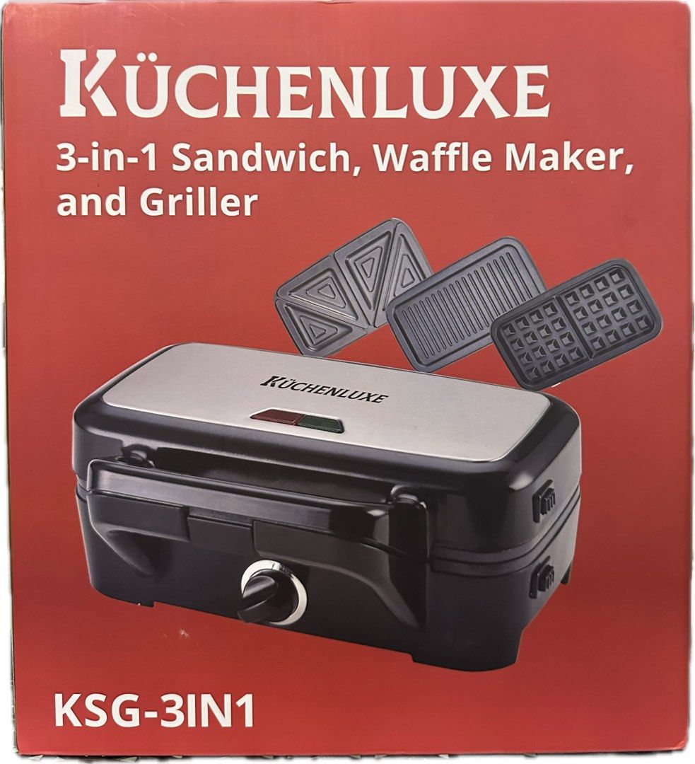 3in1 Sandwich Waffle Maker and Griller (Category: Ovens & Toasters) located in Paranaque City. Submitted by 7thavemnl (Listing ID 1358284529, Image 1). Description: ☑️Comes with 3 interchangeable cooking plates – Sandwich, Grill and Waffle ☑️Plates heat up quickly for faster preparation ☑️Red power on and green preheat lights let you know when it’s time to cook ☑️Easy-open cool touch handle with lock-down lid ☑️Cooking plates are detachable and n