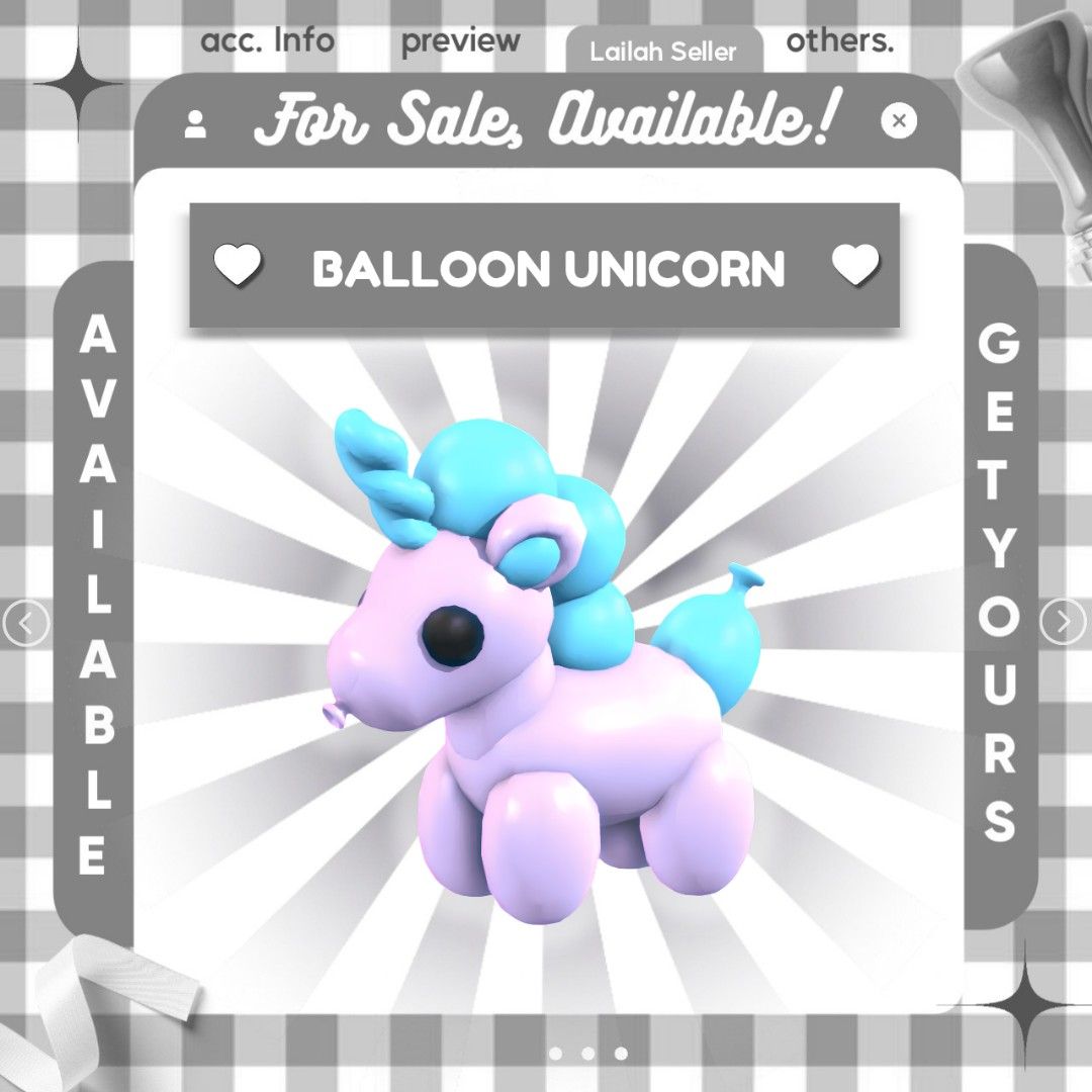 ADOPT ME |BALLOON UNICORN|PETS| ROBLOX| READ DESCRIPTION (Category: In-Game Products) located in Baliuag. Submitted by sxmplycollections (Listing ID 1358313056, Image 1). Description: Hola! Are you looking for a specific pet? 🌷 Welcome to SxmplyCollections Shop! How to Buy: 1. DM and send a picture of the pet you want. 2. Once we have a deal, I'll send you the details for payment. 3. Send the receipt of your payment along with your Roblox userna