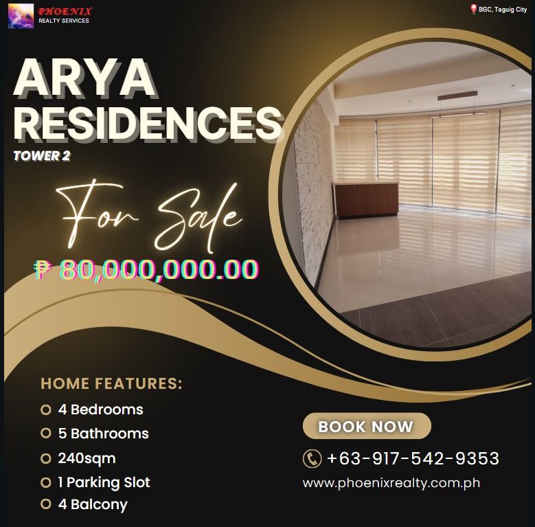 Arya Residences Tower 2 (Category: Apartments & Condos) located in Taguig. Submitted by tesbahil2017 (Listing ID 1298990056, Image 1). Description: For SALE: 4-Bedroom Condo Unit in Arya Residencess Tower 2 at BGC Taguig DETAILS: ✔️ Floor area: 240sqm more or less ✔️ Unfurnished ✔️ 4 Bedrooms ✔️ 5 Bathrooms ✔️ 4 Balcony ✔️ 2 Storage room ✔️ 1 Parking ✔️ W/ Maid's Bathroom 🔥🔥🔥 For Sale : Php 80,000,000.00 from Php 90,000,000.00 🔥🔥🔥 NEARBY PL