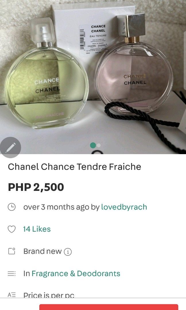 Chanel Chance Tendre Fraiche (Category: Fragrance & Deodorants) located in Bangued. Submitted by pepper_preloved (Listing ID 1358186550, Image 2). Description: US tester ~sprayed a few times - bought for 2k here - if you're into fresh fragrances or test out this perfume.