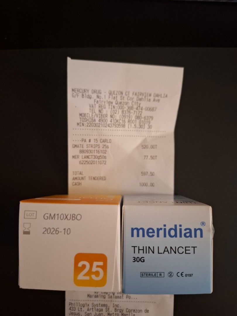 Gmate Glucose Test Strips + Meridian Thin Lancets (Category: Health Monitors & Weighing Scales) located in Quezon City. Submitted by triciastrunk (Listing ID 1358282095, Image 3). Description: Just bought these for PHP 597.50. Both are SEALED and BRAND NEW. Unfortunately, my Gmate device didn't turn on anymore. :( MOP: GCASH, LBC COP / COD MOD: Lalamove, Grab Express, Flash Express, GoGo Xpress, or LBC. Shipping fee c/o buyer. Location: Fairview,