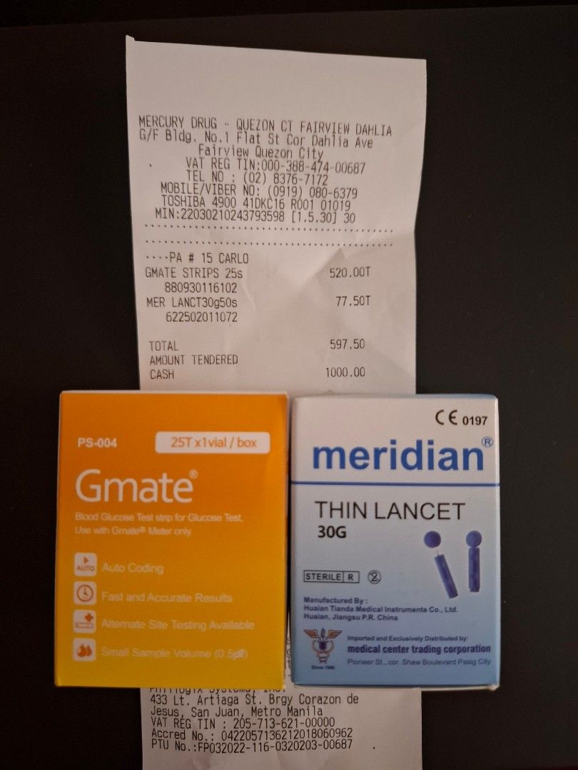 Gmate Glucose Test Strips + Meridian Thin Lancets (Category: Health Monitors & Weighing Scales) located in Quezon City. Submitted by triciastrunk (Listing ID 1358282095, Image 2). Description: Just bought these for PHP 597.50. Both are SEALED and BRAND NEW. Unfortunately, my Gmate device didn't turn on anymore. :( MOP: GCASH, LBC COP / COD MOD: Lalamove, Grab Express, Flash Express, GoGo Xpress, or LBC. Shipping fee c/o buyer. Location: Fairview,