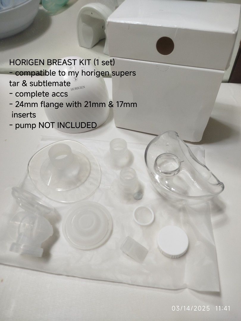 Horigen Br3ast Kit (complete pump parts) (Category: Breastfeeding & Bottle Feeding) located in Pasig City. Submitted by mxbutterfly (Listing ID 1358253928, Image 1). Description: See photos for description. RFS: graduate na sa pumping Will surely wash and sterilize all washable parts before shipment I have other pumping and bfeeding stuffs, will give big discount for take all.