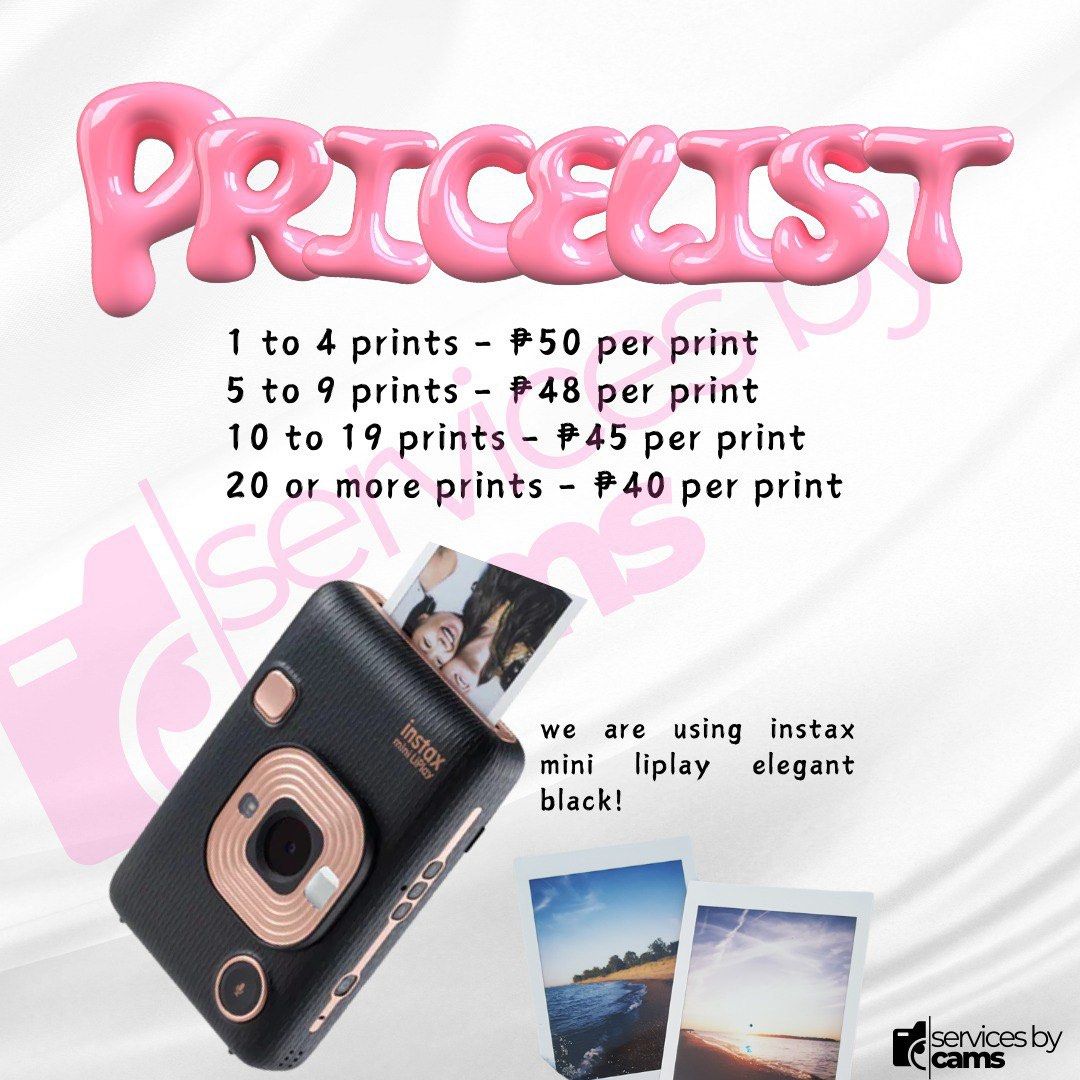 instax printing services (Category: Cameras) located in Quezon City. Submitted by camellion_64 (Listing ID 1358310277, Image 2). Description: 📸 get your instax prints hassle-free! just send your photos, and we’ll do the rest. 💖 Facebook: Services by cams Instagram: @servicesby_cams dm us to order! 💌 #instaxprints #servicesbycams fb: Services by cams ig: @servicesby_cams.