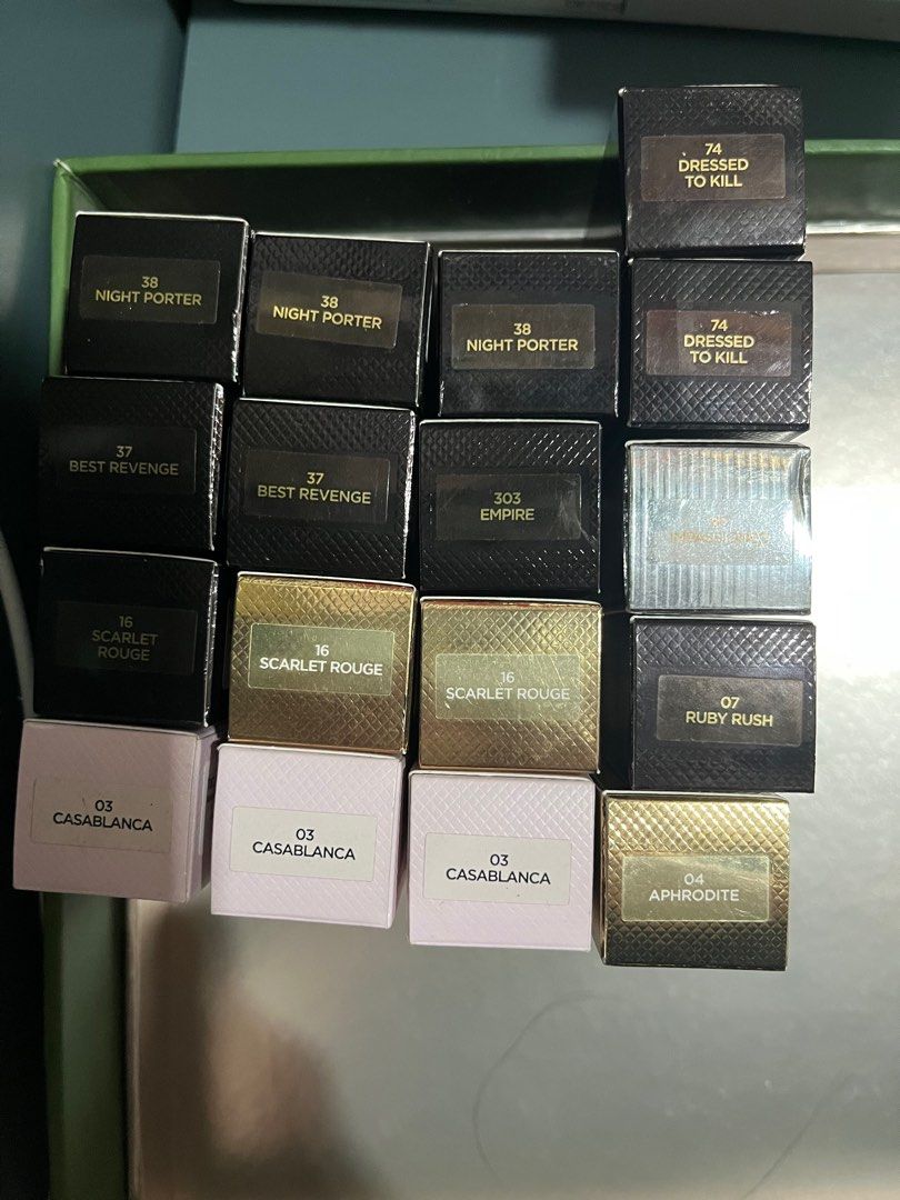 Tom ford Lipstick 3g - regular size (Category: Makeup) located in Manila. Submitted by marylouche42170 (Listing ID 1358301801, Image 2). Description: Choose your prefer color : Choose : 03 casa blanca 04 Aphrodite 07 ruby rush 80 impassioned (silver case) 16 scarlet rouge (gold case) 16 scarlet rouge (regular case) 37 best revenge 38 night porter 74dressed to kill 303 empire .