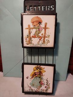 Vintage Metal Wall hanging, Mail holder, Letter Holder With Ceramic Tile Inserts