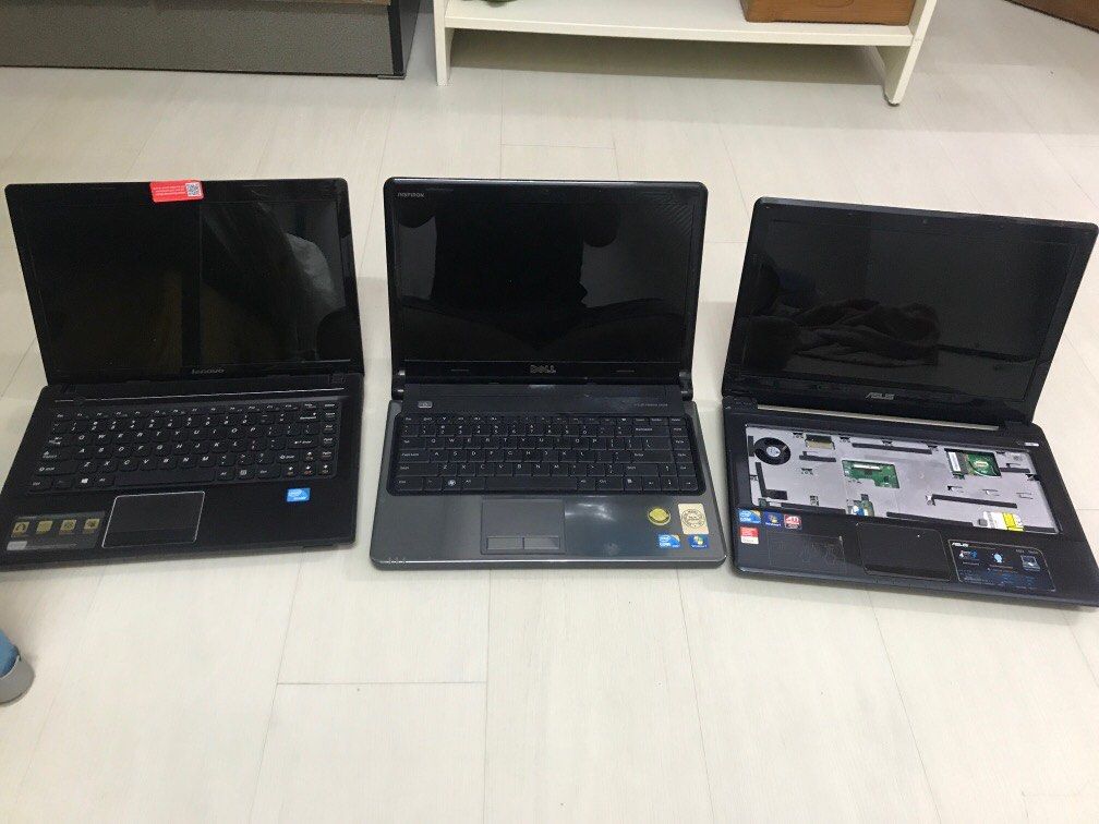 Working laptops (Category: Laptops & Notebooks) located in Singapore. Submitted by pcandstuf (Listing ID 1358293413, Image 1). Description: 100 take all working condition All comes with original power adapter Asus no keyboard but has dedicated graphics and 8gb ram the rest has 4gb Only dell have working battery lasts about 1h.