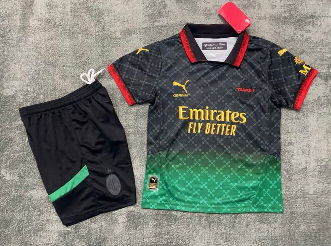 JERSI AC MILAN X OFF WHITE BLACK KIDS FULL SET 2025, Men
