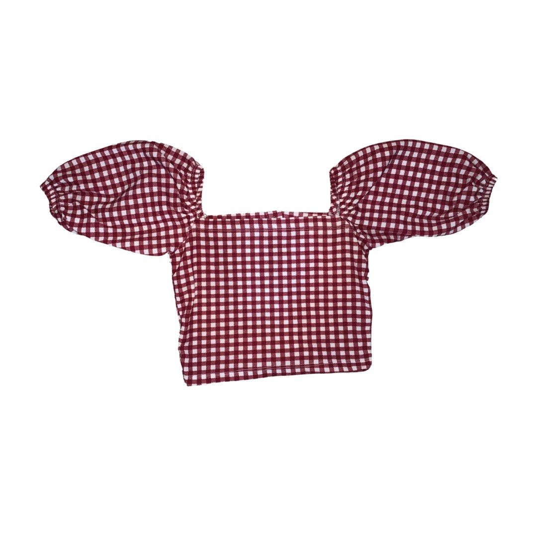 red gingham puffsleeve crop top (Category: Blouses) located in Manila. Submitted by rurusaid (Listing ID 1358377589, Image 2). Description: rfs: di ko na nagagamit sleeve length: 10 in width: 13 in top length: 10.5 in.
