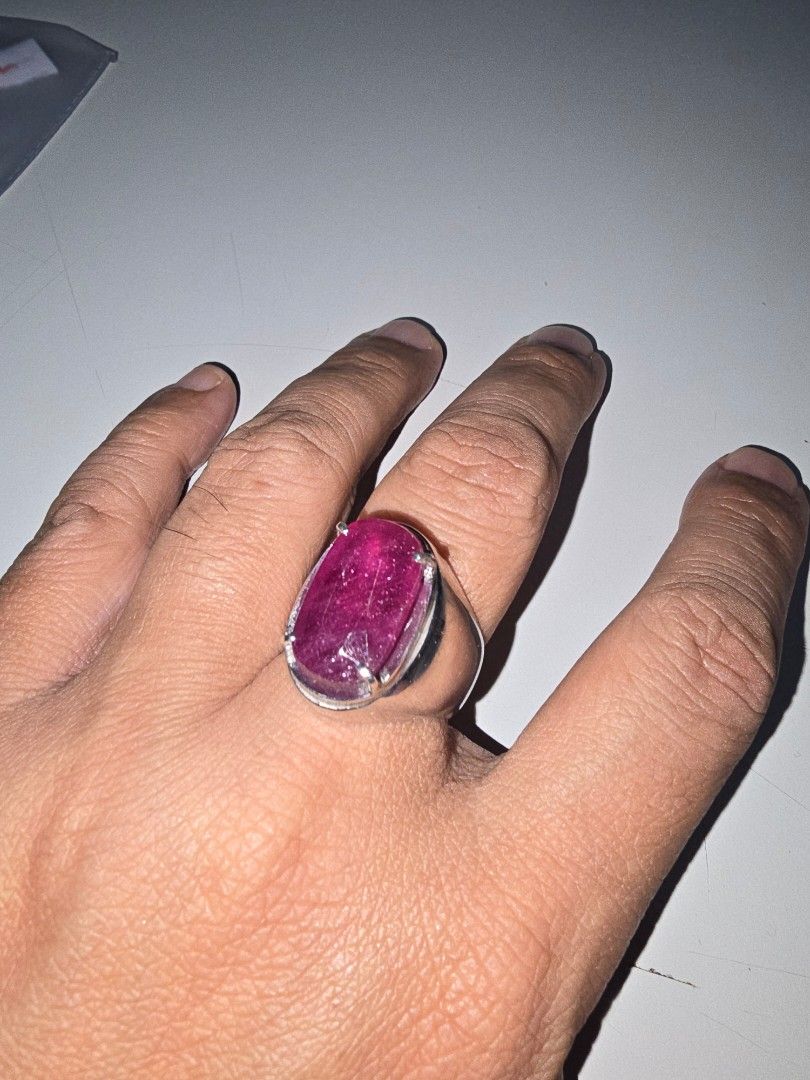 Ruby (Category: Rings) located in Singapore. Submitted by mascurios (Listing ID 1358519134, Image 3). Description: Natural Ruby (Corundum) with Silver ring size: 24 Colors: Red Tranparency: Transparent Weight: 12.93 Ct Measurement: 18.14 x 11.08 x 5.73mm Shape &Cut: Cushion Facet Comment: H(c) Origin: Mozambique.