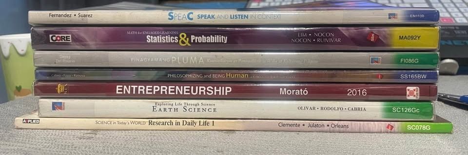 SHS BOOKS (Category: Textbooks) located in Binangonan. Submitted by russel_jann (Listing ID 1358340810, Image 1). Description: Pinagyamang pluma - 180 Math for engaged learning statistics and probability - 200 Speak and listen in context - 200 Philosophizing and being human - 200 Entrepreneurship - 200 Earth science - 200 Research in daily life 1 - 200 Rfs: declutter.