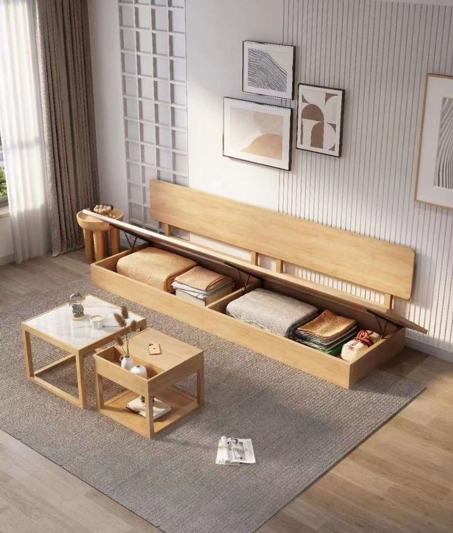 Sofa with storage JAPANDI (Category: Sofas) located in Manila. Submitted by kaden_chicvista (Listing ID 1358454970, Image 2). Description: Japanese-Style Solid Wood Sofa #Key Features 1. Traditional Japanese design: Minimalist, sleek lines. 2. Solid wood frame: Durable, high-quality wood 3. Comfortable seating: Cushioned fabric upholstery. 4. Space-saving: Compact design ideal for small apartments because of the storage at the seating area. 5. Ve