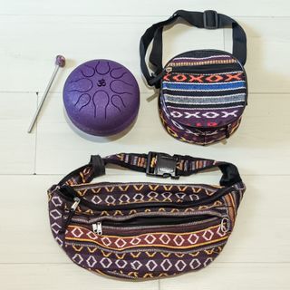 TAKE ALL FOR P4000 : PURPLE HAPI DRUM MADE IN INDIA STEEL TONGUE DRUM with MALLET STRIKER and MUSICAL INSTRUMENT CARRIER BAG + FREE USED TRIBAL DESIGN WAIST BAG