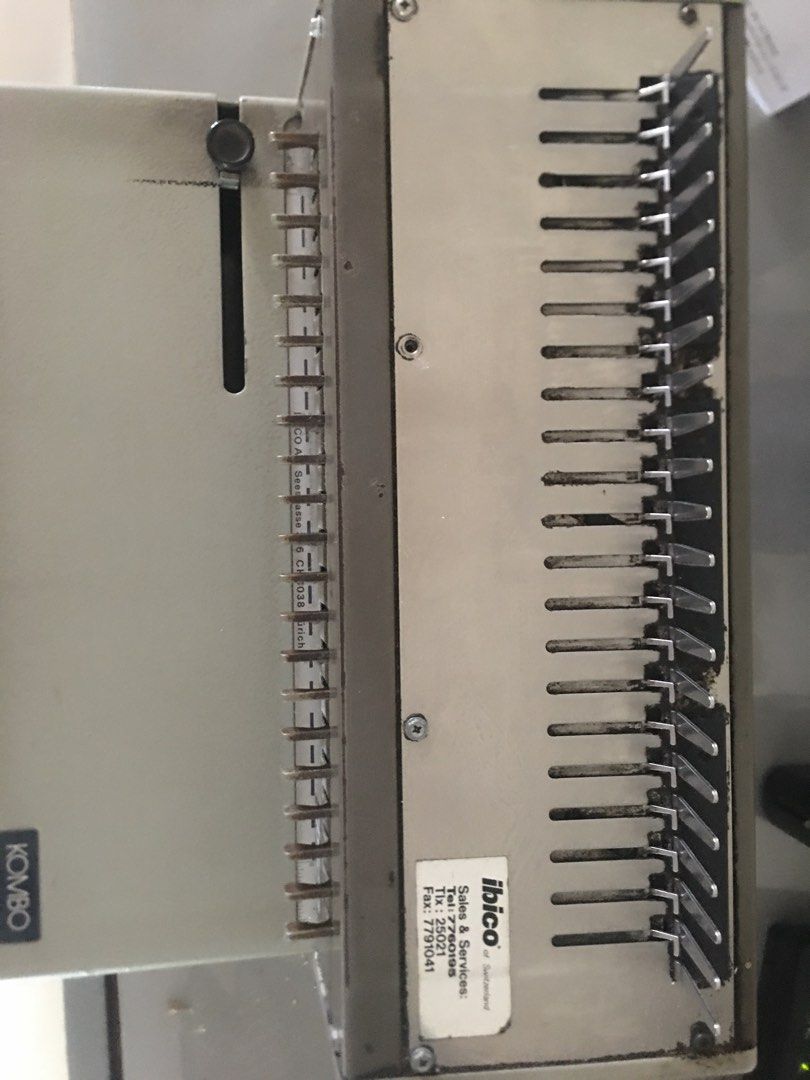 Binding machine (Category: Office & Business Technology) located in Singapore. Submitted by mysk1 (Listing ID 1358703505, Image 3). Description: Used by copy Center who stopped their business. Machine is working ok Rental per punch of $1 available. Below can be punched or bind. Self-service only to be punched or bind of the following:- A4 70 / 80g copy papers A4 Pvc 0.2mm A4 fancy card 230g .