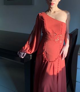 FOR RENT | Wedding Guest Dress | ASOS One-shoulder Crochet Cut-out Terracotta Dress