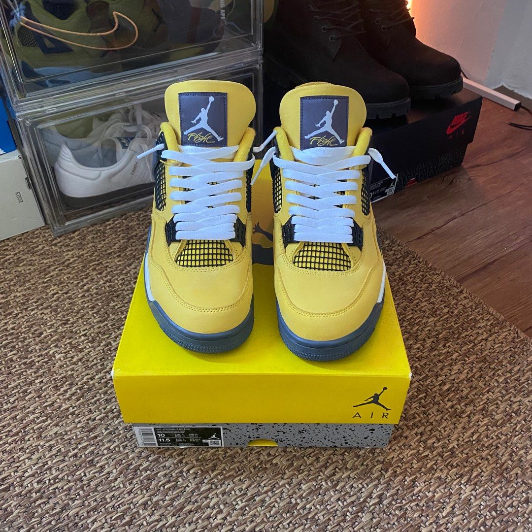 Jordan 4 Lightning (Category: Sneakers) located in Magalang. Submitted by framedfantasyph (Listing ID 1358611244, Image 2). Description: Jordan 4 Lightning ( titan released ) us10 used indoor, good condi w box, receipt, original yellow lace and extra white laces .