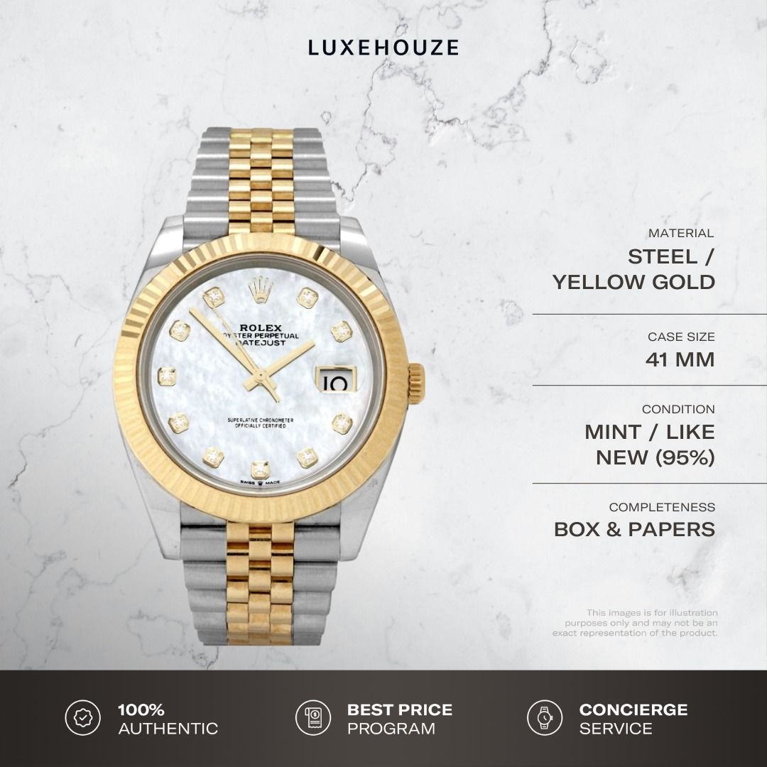 Mint Sep 2021 Rolex Datejust 41 126333 White Mother of Pearl with 10 Diamonds Dial Jubilee (Category: Watches) located in Singapore. Submitted by luxehouze (Listing ID 1279819461, Image 1). Description: Join our Community for special deals and latest arrivals! //bit.ly/LHWatchesSG Rolex Datejust 41 126333 White Mother of Pearl with 10 Diamonds Dial Jubilee This piece is available for viewing by request. Reserve your spot on our viewing list. Watc