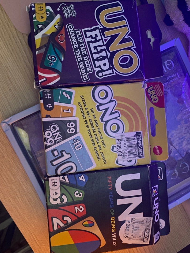Original Uno Card Decks (Category: Board Games & Puzzles) located in Mandaluyong City. Submitted by pandaserendipity99 (Listing ID 1358635206, Image 1). Description: Purple deck - taken.