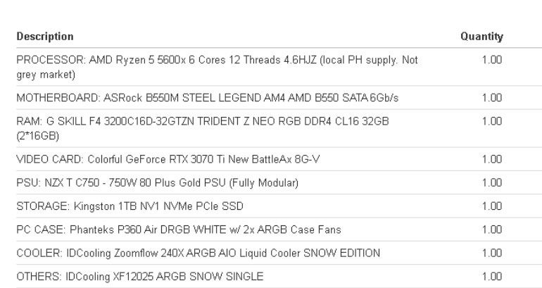 AMD Ryzen 5 5600x PC Build + RTX 3070ti (Category: Desktops) located in Quezon City. Submitted by atanashii (Listing ID 1358692471, Image 2). Description: PC Build (Ryzen 5 5600x & GTX 3070ti) - had it built around april 2021 (almost 5 yrs this year) - lady owned - lightly used; only used it for online class, work, and very very minimal gaming, no internal damages whatsoever - 95% smooth; haven’t removed plastic cover on the glass - pls find the 