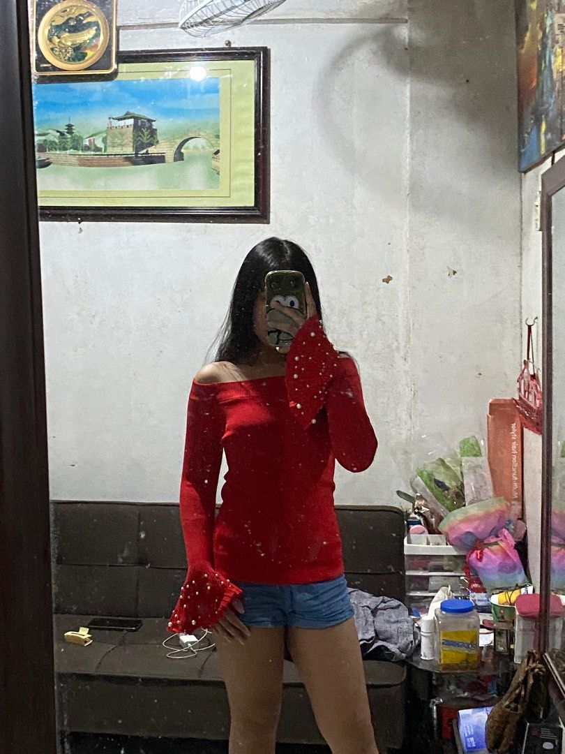 Red Knitted Off Shoulder Long Sleeves Valentines Coquette Romantic Sawako Shoujo Axes Femme Fatale Frame Dainty Pearl Peplum Bell Sleeves (Category: Longsleeves) located in Manila. Submitted by agentd_21 (Listing ID 1358695773, Image 1). Description: small to semi large - very stretchable - with pearl design on the bell sleeves MOP: GCASH MOD: LALAMOVE or J&T.