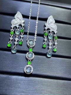 天然A貨翡翠銀鑲高冰冰綠蛋面耳墜吊墜套裝64225029008257110