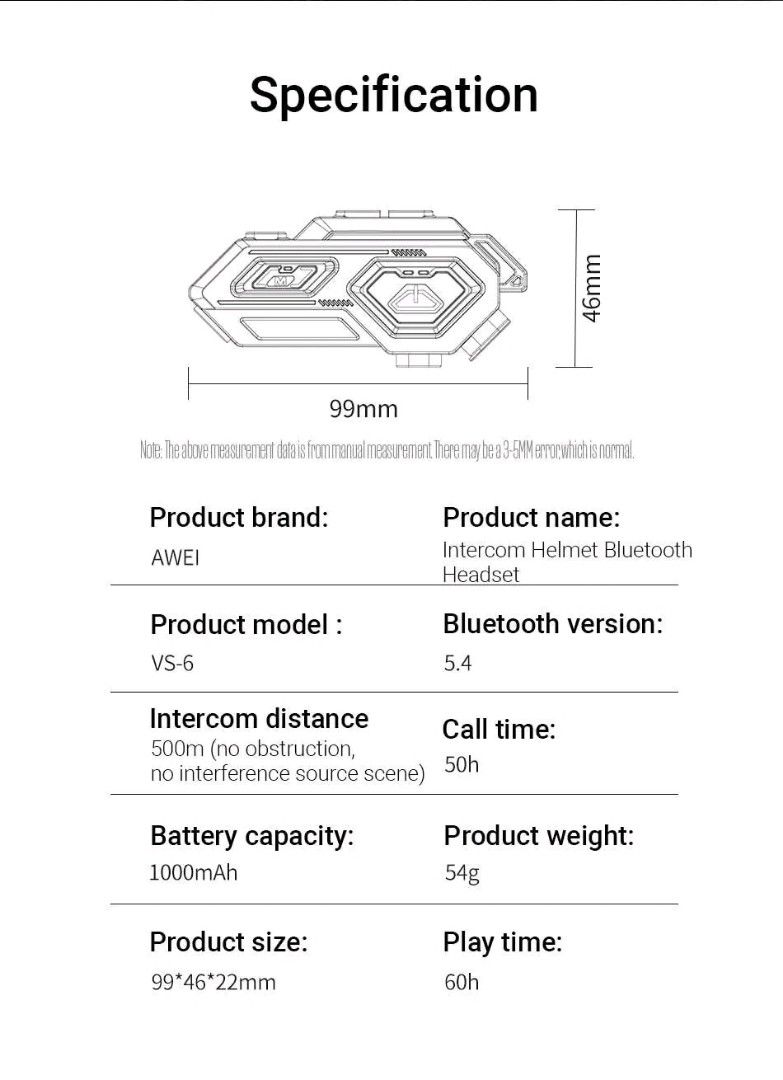 Awei VS-6 Motor Helmet Wireless Headset Motor Headset Motor Intercom. (Category: Headphones & Headsets) located in Manila. Submitted by ramosmarvi53163 (Listing ID 1358748464, Image 3). Description: Awei VS-6 Motor Helmet Wireless Headset Motor Headset Motor Intercom. Features: - Wireless Intercom: 500m long-range communication. - Music Sharing: Two devices can connect to one phone for music. - IPX6 Waterproof: Durable and water-resistant. - One-