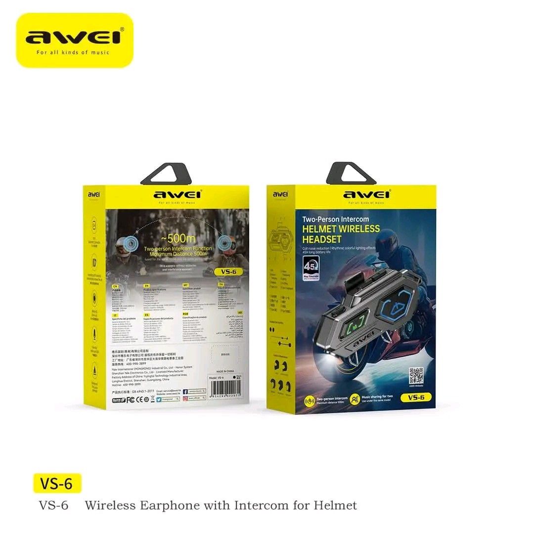 Awei VS-6 Motor Helmet Wireless Headset Motor Headset Motor Intercom. (Category: Headphones & Headsets) located in Manila. Submitted by ramosmarvi53163 (Listing ID 1358748464, Image 1). Description: Awei VS-6 Motor Helmet Wireless Headset Motor Headset Motor Intercom. Features: - Wireless Intercom: 500m long-range communication. - Music Sharing: Two devices can connect to one phone for music. - IPX6 Waterproof: Durable and water-resistant. - One-
