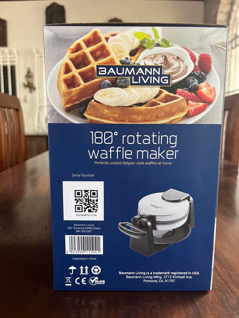 Brand New Baumann Living Rotating Waffle Maker (Category: Cookware & Accessories) located in Paranaque City. Submitted by nikka411 (Listing ID 1358762886, Image 2). Description: Brand new in sealed box, never been opened or used Make perfectly cooked Belgian-style waffles at home Features: Single Item 8” waffle plates 180-Degree Rotating Function Versatile Waffle Options Easy-Clean Design Actual Weight: 2.24 KGs Product Dimensions: 6.5 x 15 x 10 