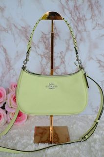 Coach CA240 Teri Shoulder Bag in Pale Lime Refined Pebble Leather and Smooth Leather with Whipstitch - Women's Bag with Detachable Strap