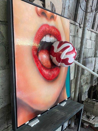 Lady with sculpted lollipop 120 x 125 x 5CM (Category: Art & Prints) located in Makati City. Submitted by olxph_299450477 (Listing ID 1358786415, Image 2). Description: Hand painted painting with frame and sculptured lollipop.