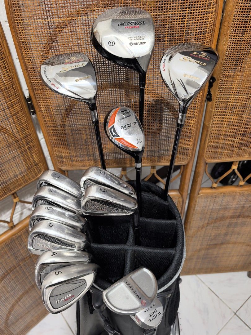 Men's golf set for beginners (Category: Golf) located in Caloocan City. Submitted by ace2729 (Listing ID 1358846626, Image 2). Description: MARUMAN GOLF SET FOR BEGINNERS DRIVER: MARUMAN NANO EXIM 11° R FLEX WOOD:MARUMAN SHUTTLE F3-15° R FLEX WOOD: MARUMAN SHUTTLE F5-18° R FLEX UTILITY: SLAZENGER MD7 #23° R FLEX MARUMAN NANO EXIM 2 IRONS 5,6,7,8,9,P,S,A & ODYSSEY WHITE HOT 2BALL PUTTER GRAPHITE SHAFT R FLEX BAG: IGNIO ALL ARE IN VERY GOOD CONDITI