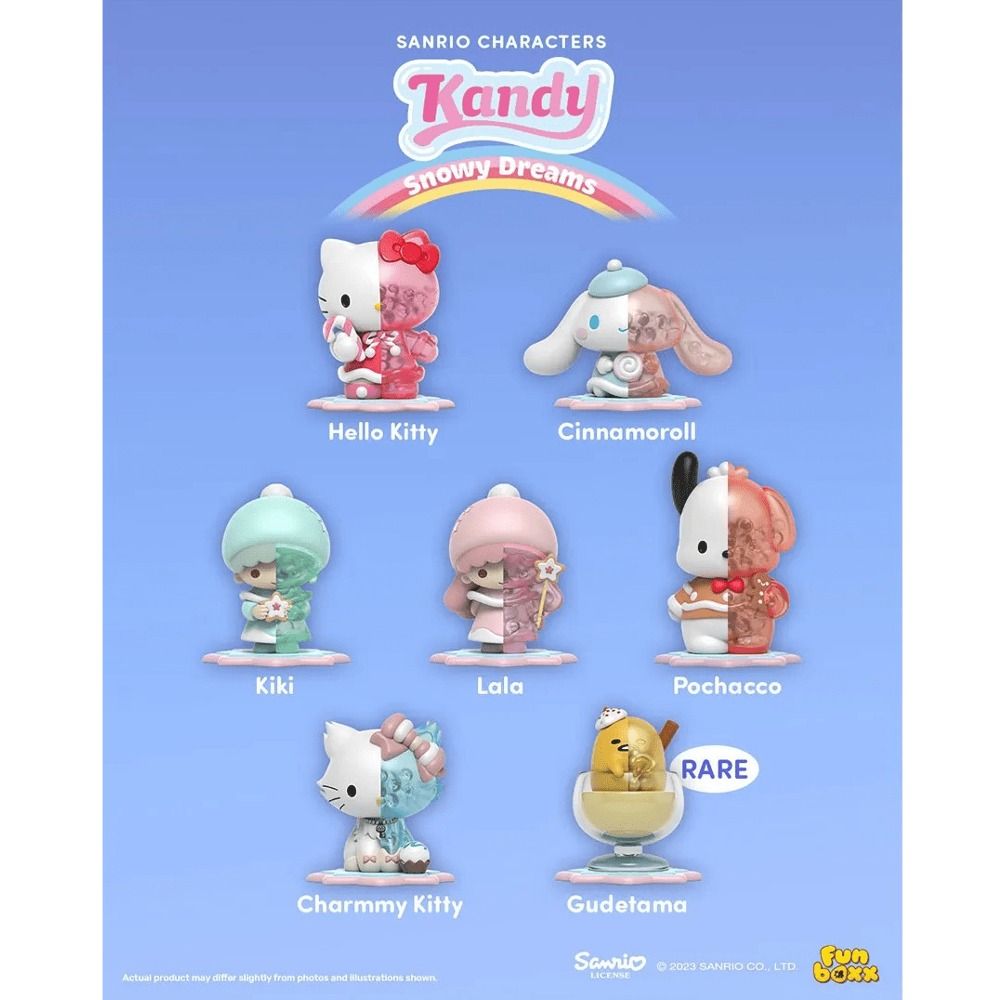 Mighty Jaxx Kandy x Sanrio Characters: Snowy Dreams [Split] (Category: Designer & Blind Box Toys) located in Valenzuela. Submitted by littlechopletsph (Listing ID 1358858339, Image 2). Description: P1000 EACH: Hello Kitty Cinnamoroll Kiki Lala Pochacco Charmmy Kitty - Opened box, sealed figure - Size estimate: 10cm - NFC sealed, unregistered - Fr. unpeeled ** SEALED FULL SET - ₱4800 ** MOP: Gcash/BPI MOD: GGX/J&T/SDD.