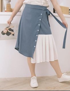台灣品牌Polylulu灰藍綁帶排釦拼接百褶Wrap Skirt半截長裙629757744697631117