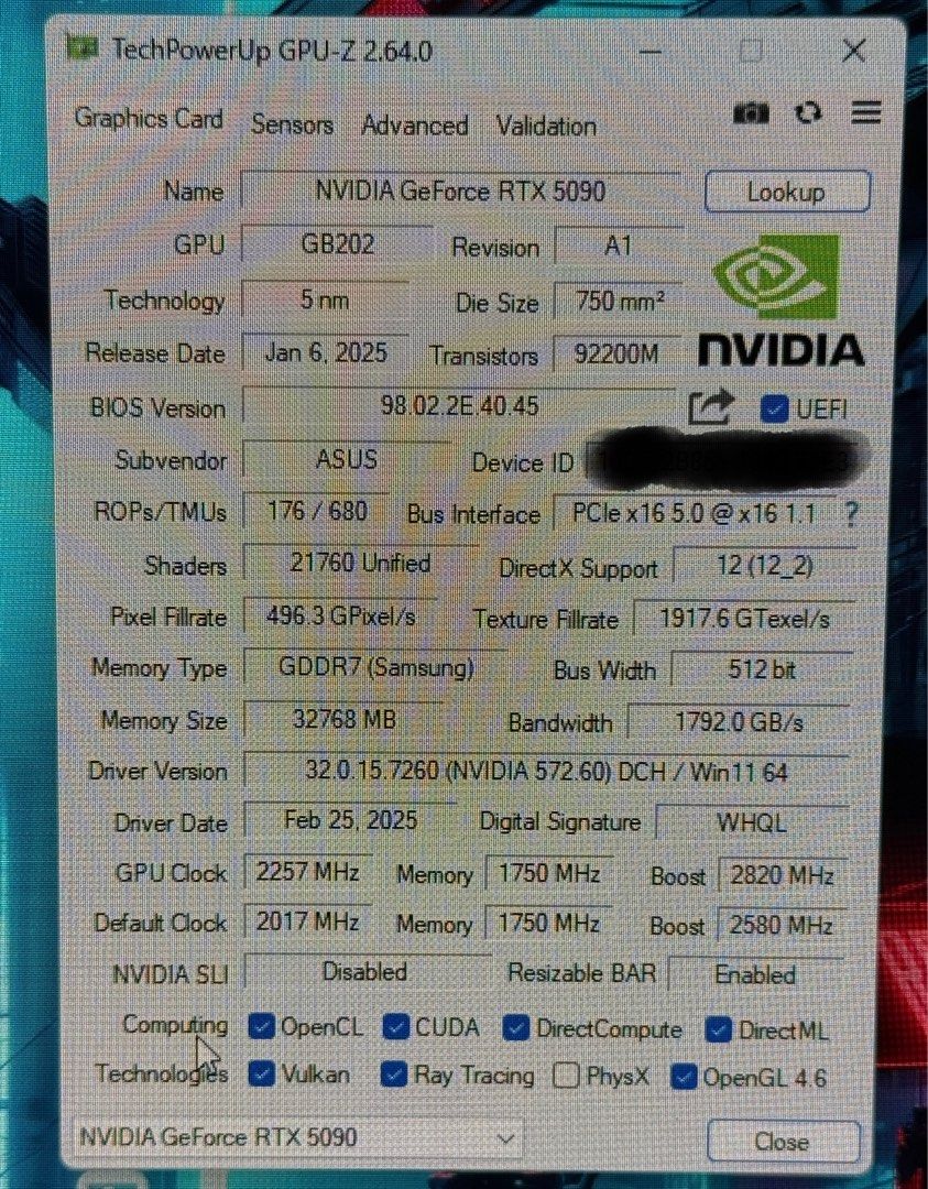 ROG ASTRAL 5090 OC complete rops count (Category: Computer Parts) located in Manila. Submitted by bakeonator (Listing ID 1358894937, Image 3). Description: Opened and tested for ROPs - Complete count 176 (check pic for actual rop count) No issues no coil whine Very silent and cool Idle temps 33c Gaming temps at 45% fan is 61c full load Gift only no receipt. Best deal if you are looking for assurance in complete ROPs count and no coil whine issue.