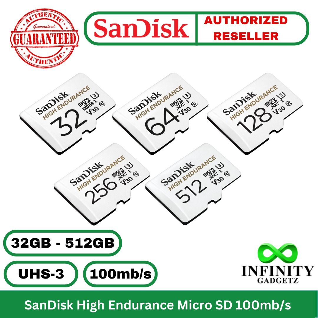 SanDisk High Endurance Micro SD memory Card for Dashcam and CCTV (Category: Memory & SD Cards) located in Manila. Submitted by infinitygadgetzph (Listing ID 1358791247, Image 1). Description: PRICES: 32GB - PHP 1,550 64GB - PHP 1,690 128GB - PHP 2,590 256GB - PHP 4,950 512GB - PHP 9,700 🟩Authentic 🟩Authorized Dealer of SanDisk 🟩Sealed and Brand New 🟩With 3 Months replacement warranty (Must keep the complete box/carton for warranty claim) Comp