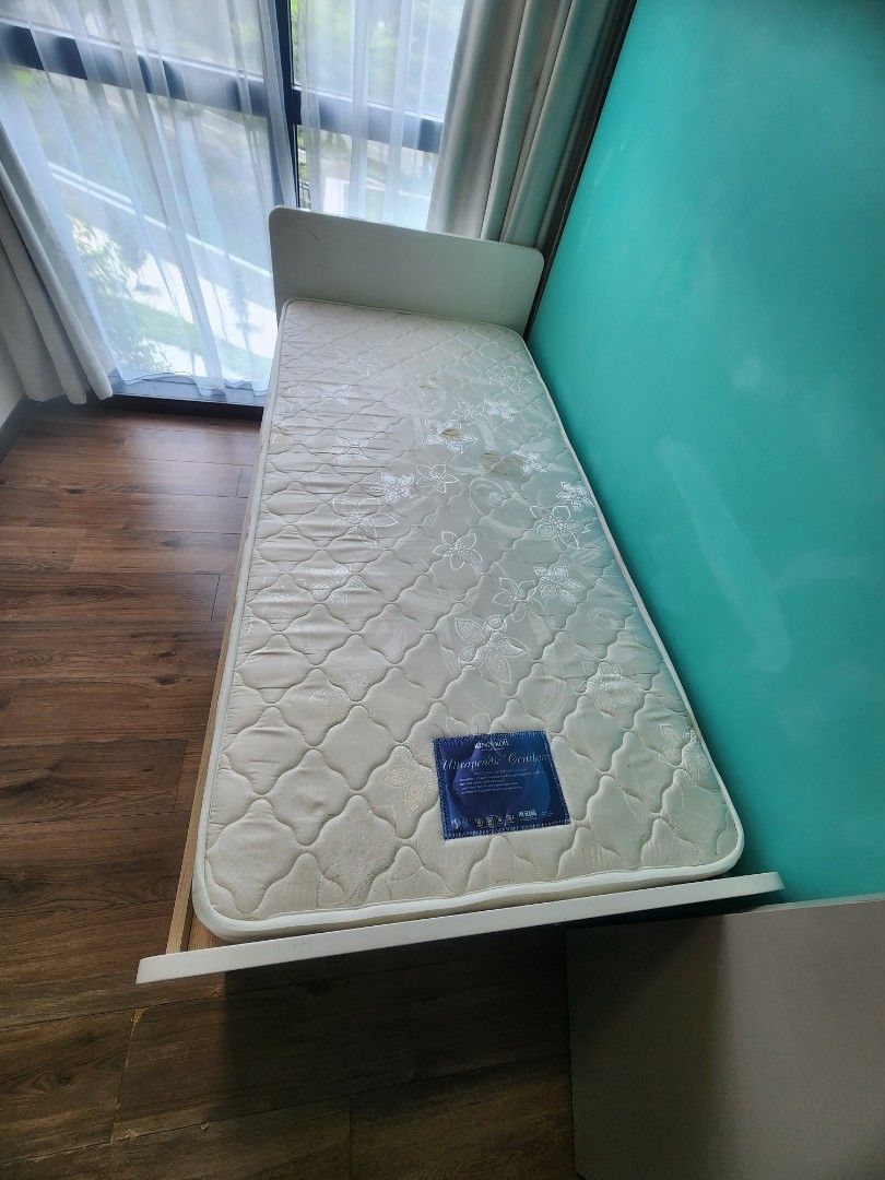 Single Bed Frame (Category: Bed Frames & Mattresses) located in Singapore. Submitted by fpang588 (Listing ID 1358828337, Image 2). Description: Good quality single bedframe with storage drawers. 2m x 1.4m No mattress. Self pick up n delivery..