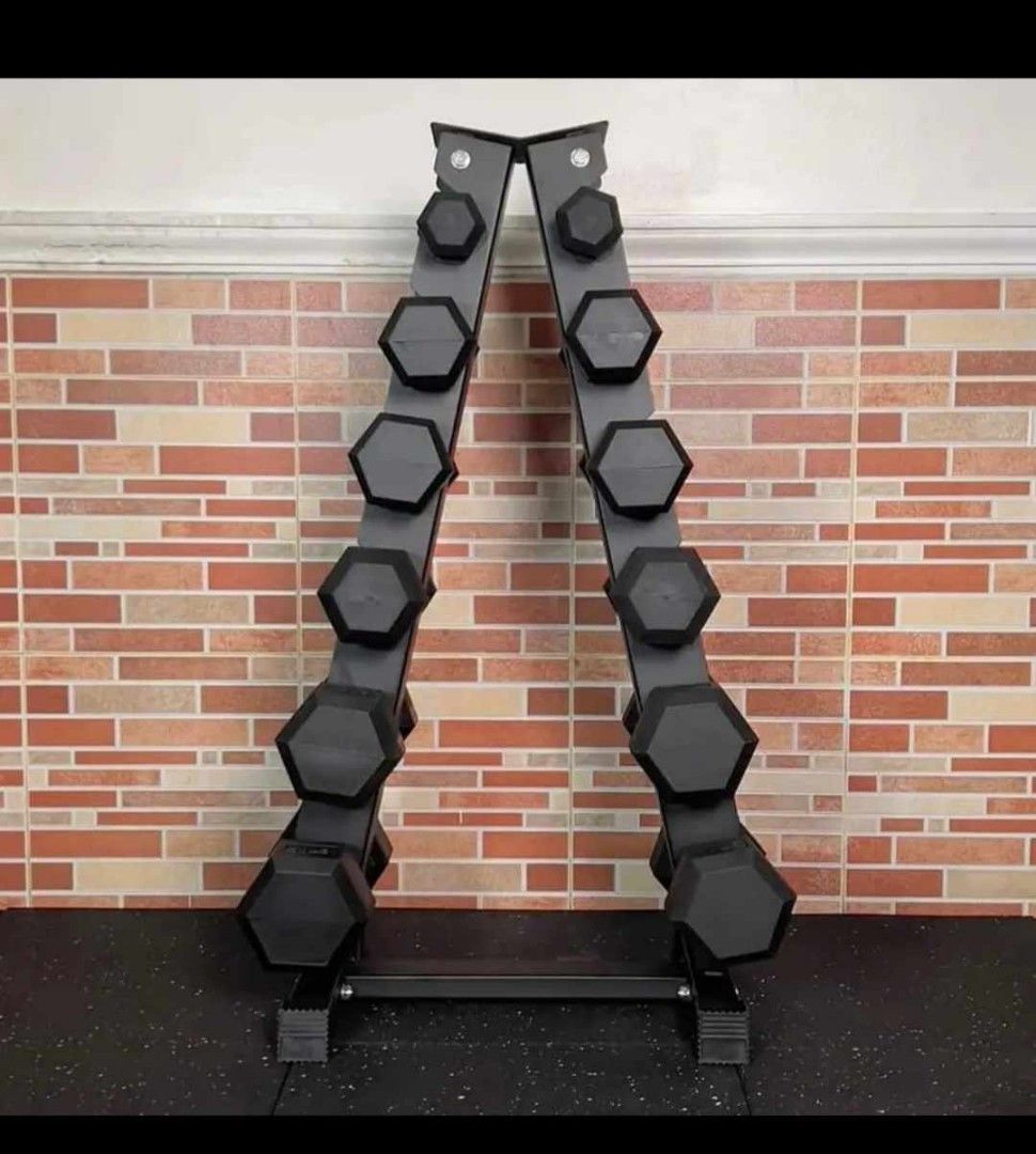 5 to 30lbs hexagonal rubberized dumbbell set eith tree rack 6 pair 10pcs dumbbell (Category: Weights & Dumbbells) located in Valenzuela. Submitted by carlo_023 (Listing ID 1358940315, Image 2). Description: .