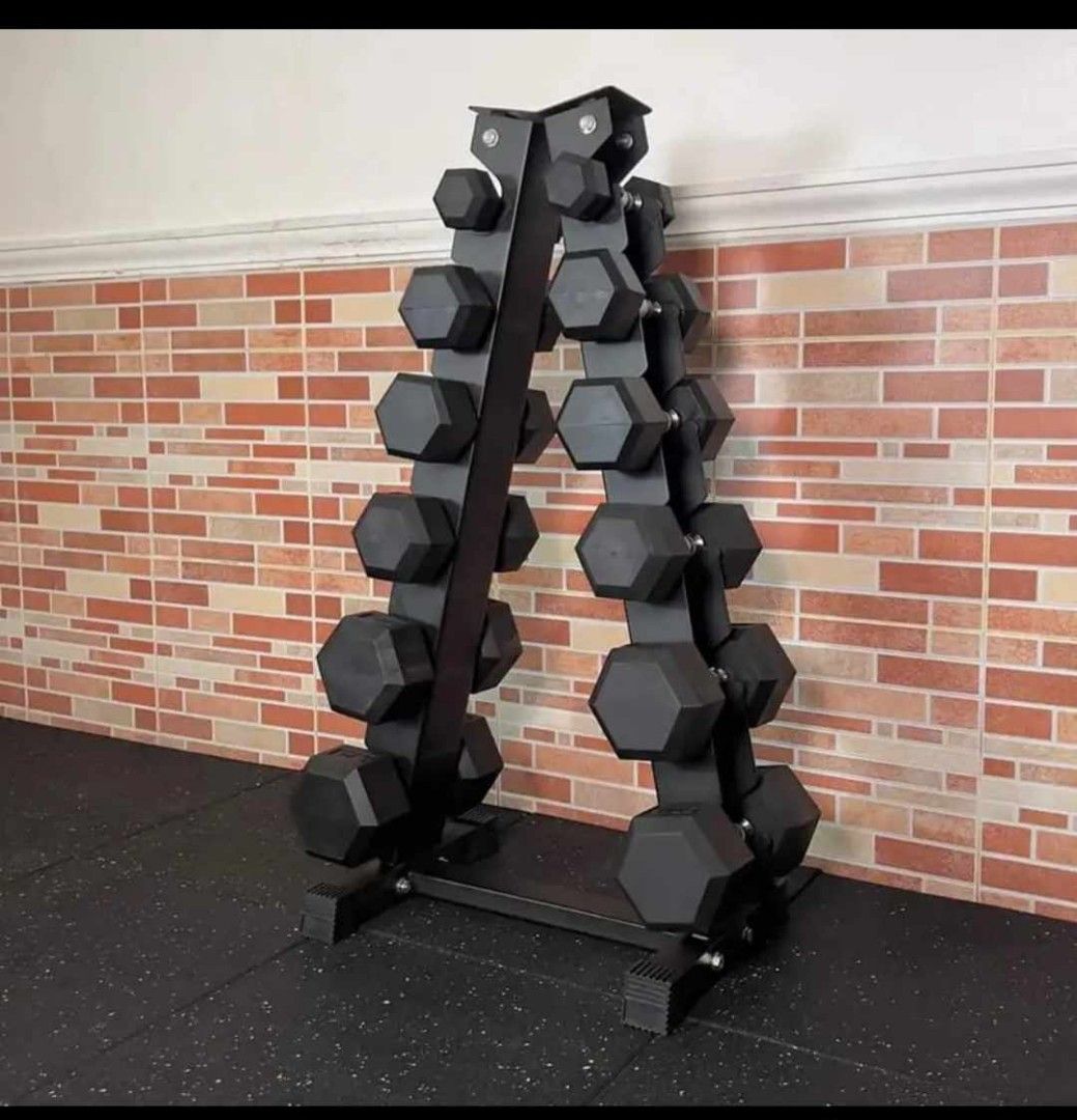 5 to 30lbs hexagonal rubberized dumbbell set eith tree rack 6 pair 10pcs dumbbell (Category: Weights & Dumbbells) located in Valenzuela. Submitted by carlo_023 (Listing ID 1358940315, Image 1). Description: .