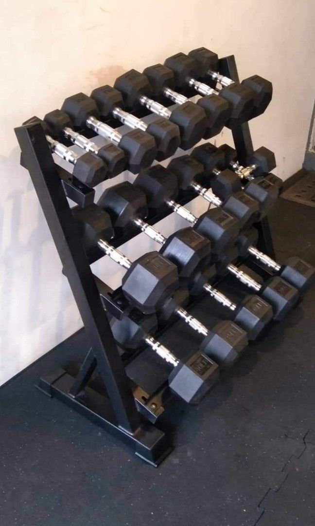 5to50lbs hexagonal rubberized dumbbell set with 3 layer rack 10 pair 20pcs dumbbell (Category: Weights & Dumbbells) located in Valenzuela. Submitted by carlo_023 (Listing ID 1358940557, Image 1). Description: .