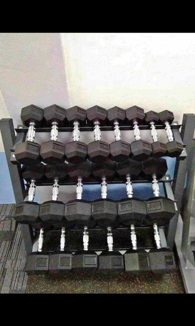 5to50lbs hexagonal rubberized dumbbell set with 3 layer rack 10 pair 20pcs dumbbell (Category: Weights & Dumbbells) located in Valenzuela. Submitted by carlo_023 (Listing ID 1358940557, Image 2). Description: .