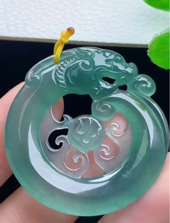 天然A玉翡翠高冰天空藍近玻璃種仿古龍吊墜送高貨繩64225233563011110