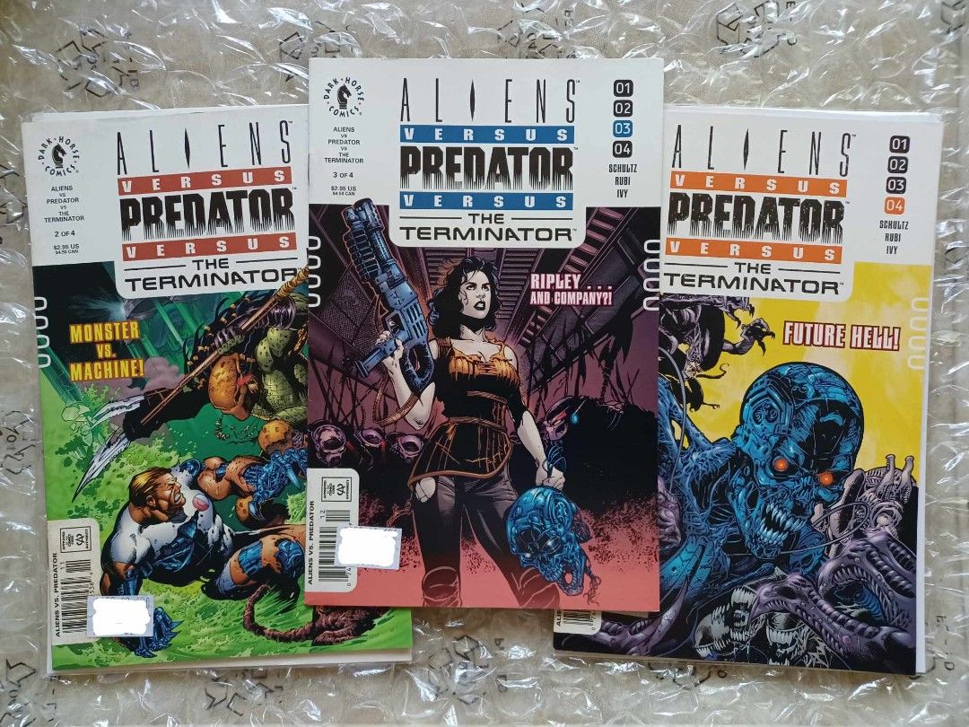 Aliens vs Predator vs Terminator Comic books SET Key Issues For SALE! (Category: Comics & Manga) located in Imus. Submitted by mnxtoyhouse (Listing ID 1358997270, Image 1). Description: Aliens vs Predator vs Terminator Comic books Issues #2-4 For SALE PRICE: P1.8K lot/set PUBLISHER: Dark Horse Comics DATE PRINTED: CONDITION: Fair. With sticker tag on bottom left of the cover page. PAYMENT: Cash/GCash/BPI MEETUP: Imus, Cavite only SHIPPING: Buyers