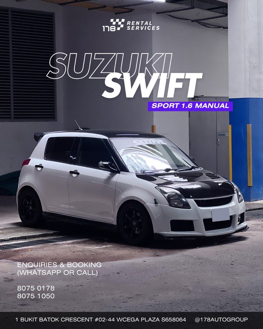 CHEAP MANUAL CAR RENTAL SUZUKI SWIFT SPORT 1.6M MODDED JDM (Category: Car Rental) located in Singapore. Submitted by 178rentalservices__ (Listing ID 1265664201, Image 1). Description: Suzuki Swift Sport 1.6(M) Starting From $85/Day Why Choose Us • Welcoming to New Drivers (Less than 2 years’ Experience) • Malaysia-Ready • Modified Car Options for Petrolheads • Transparent, Honest Pricing • No Hidden Charges, Ever (No GST) • No Deposit* and Unlimi