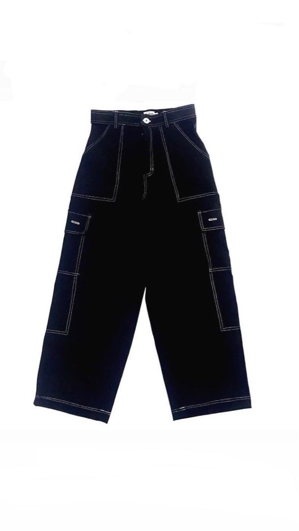 Fashion Kinetics Devon Black Contrast Stitch Cargo Pants (Category: Other Bottoms) located in Quezon City. Submitted by lovedbyandi (Listing ID 1359014200, Image 1). Description: Fashion Kinetics Black Devon Jeans (Black Contrast Stitch Pants) • Originally bought for ₱749 • Tagged size Large on the website — best fits XS to S for a baggy fit (button slightly adjusted to fit me) • High-quality material • In good condition • Four functional pockets